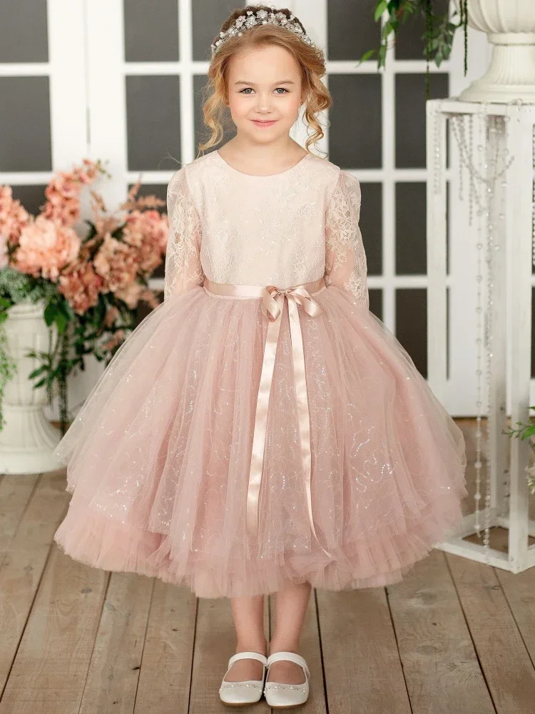 

Flower Girl Dresses Pink Tulle Puffy Appliques With Bow Belt Half Sleeve For Wedding Pageant Party Banquet Princess Gowns