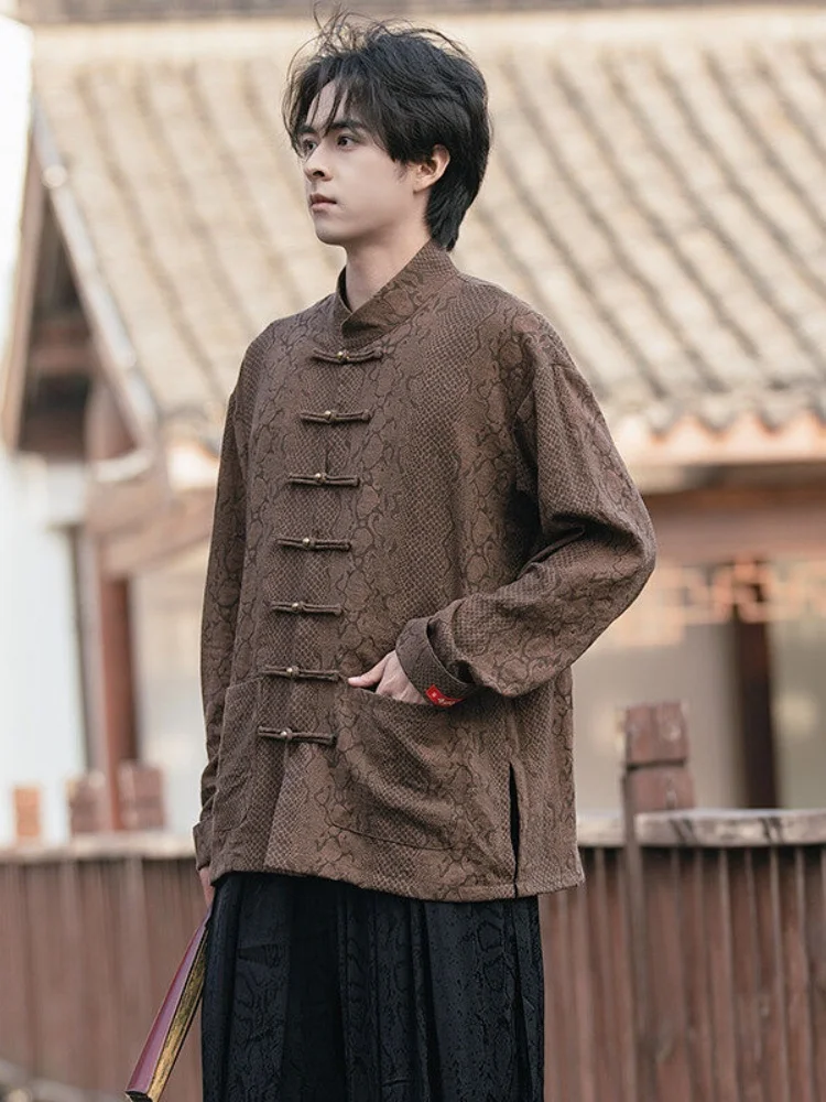 

Mens Long Sve irt with Button Embroidered Python Pattern New Chinese Sle Spring Autumn Retro Tang Costume Hanfu Loose Fit