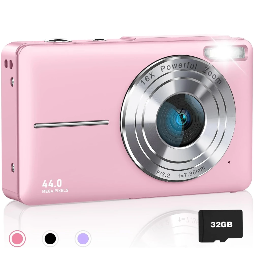 Digital Camera 1080P FHD Camera 44MP Point and Shoot with 32GB Card 16X Zoom Compact Vintage Photobooth Props for Kids Teen