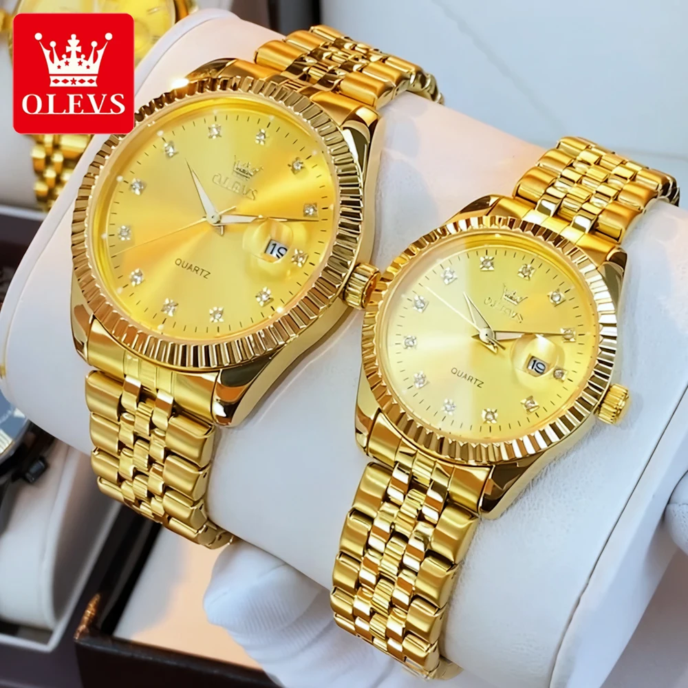 OLEVS Couple Watches Luxury Fashion Threaded Bezel Big Date Fine Steel Original Quartz Wristwatch for Lover Waterproof Luminous