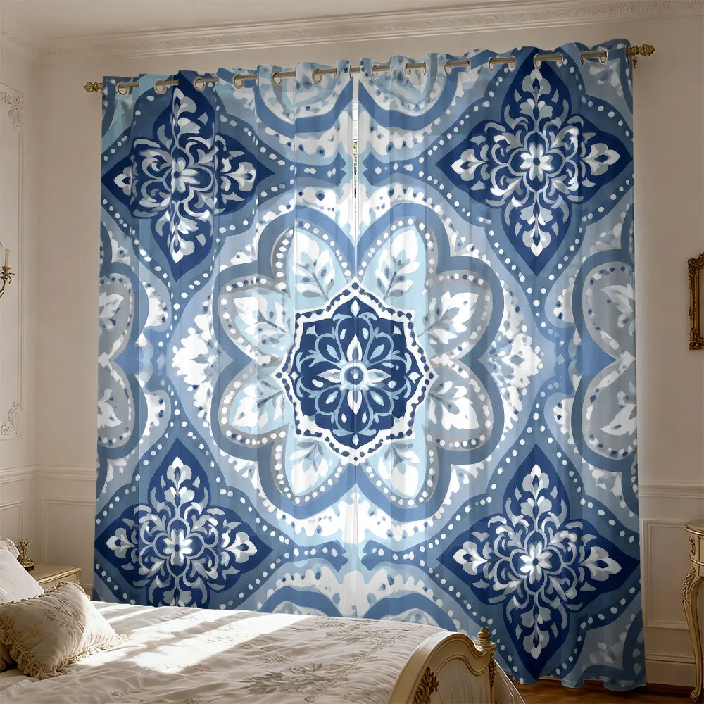 2PCS Vintage Indigo Mandala 90% Blackout Curtains, Bohemian Tile Pattern Thermal Insulated Drapes for Bedroom Living Room