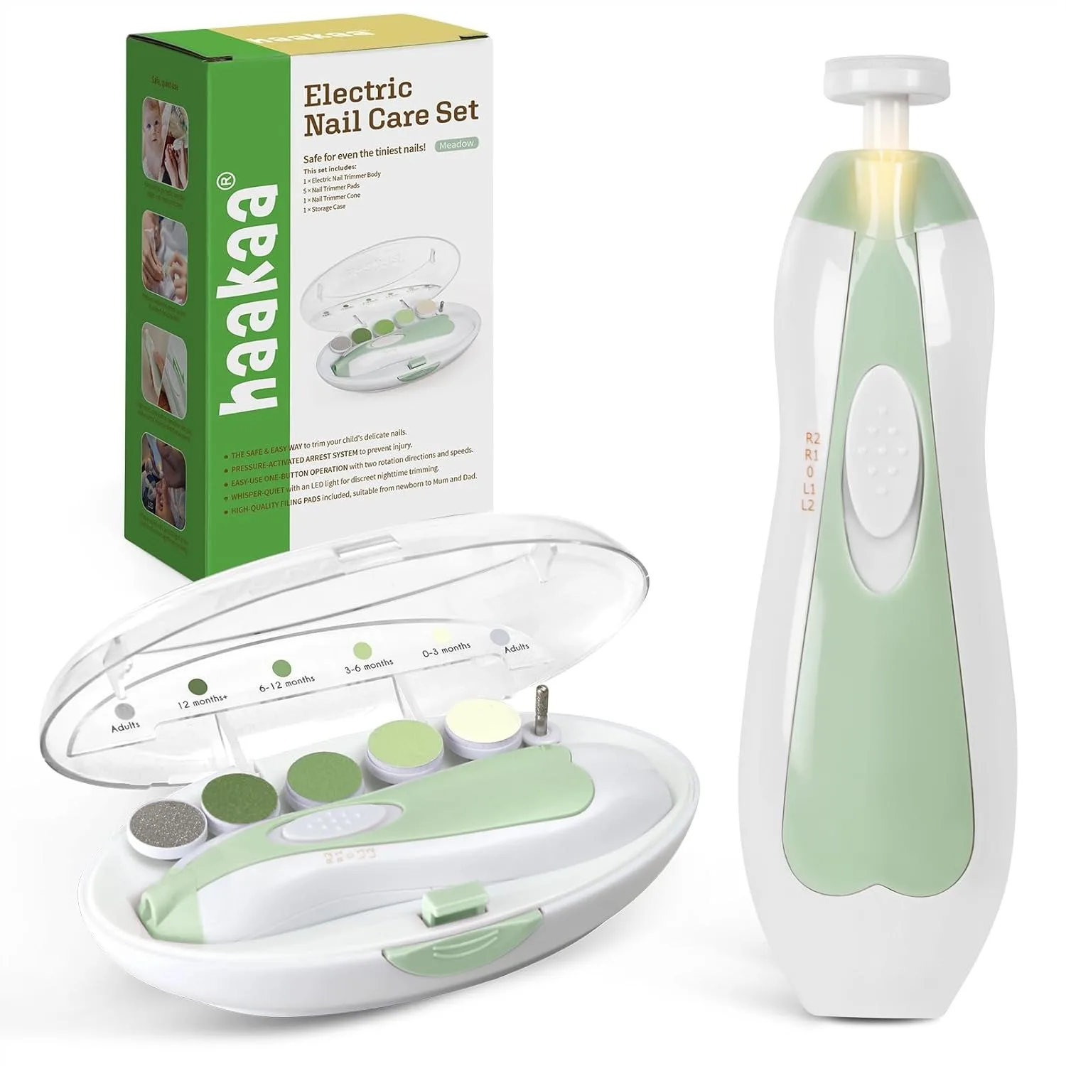 Electric Baby Nail File with LED Light, Safe & Gentle Nail Care Set for Newborns Infants Adults, 6 Replacement Heads & Storage