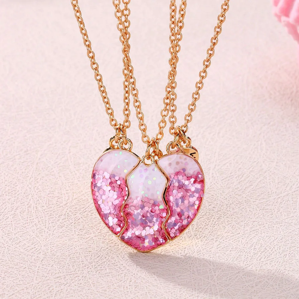 3Pcs/set Scallion Pink Sequin Stitching Best Friend Necklace for Women Fashion Friendship Gifts