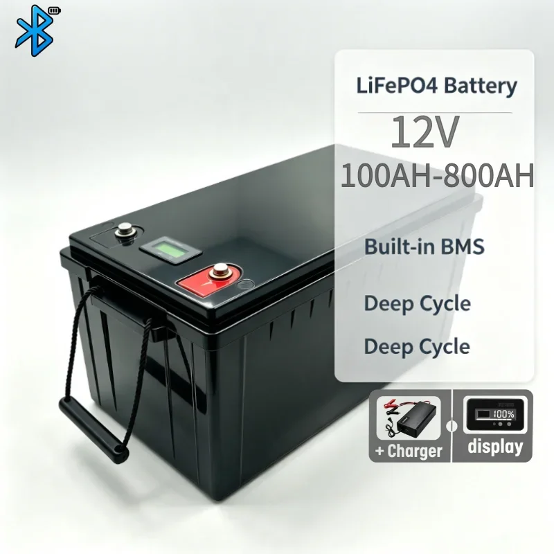 12V LiFePO4 Deep Cycle Battery 100Ah-800Ah Built-In Bluetooth BMS Support APP Monitor, 4S Waterproof Lithium Battery For Solar E