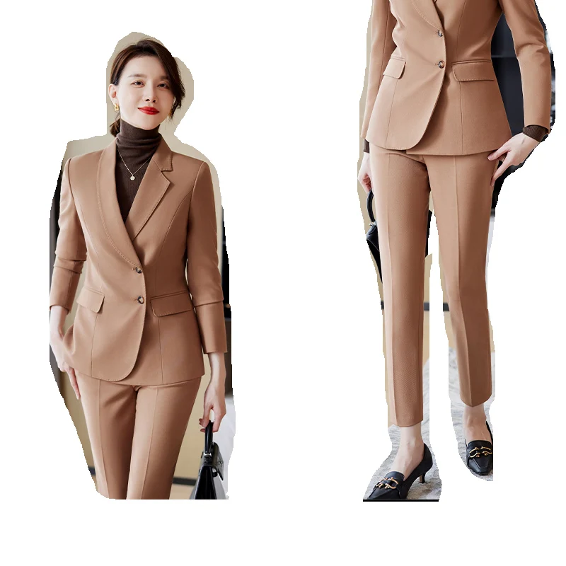 Professional Work Clothes British Trend Khaki Elegant Women's Coat + Pants Sets for Woman 2 Pieces High-End Sense Business Suit