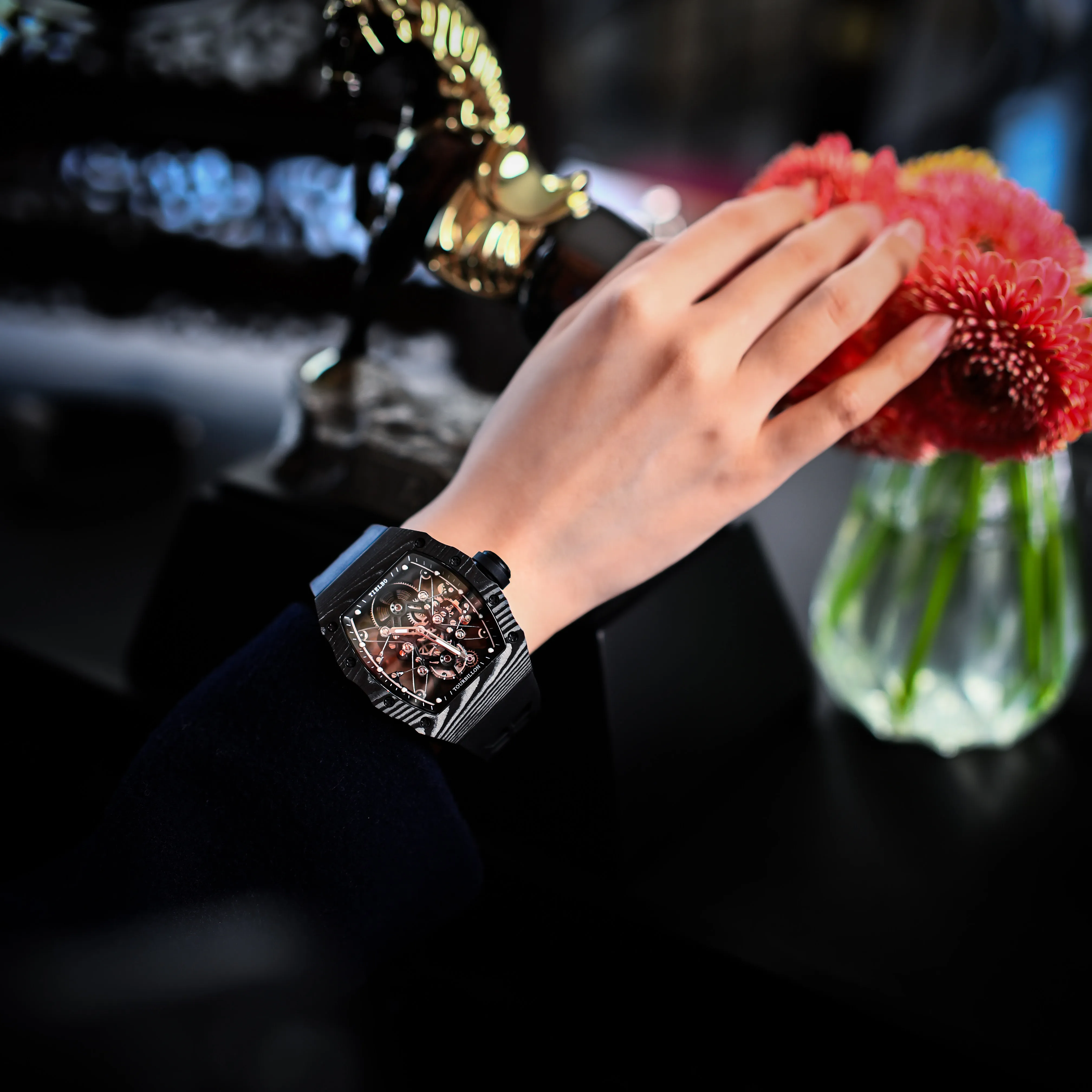 Fashion Universe Series Mech T606 Carbon Fiber Men's Manual Tourbillon Watch Waterproof Luminous Hollow Watch