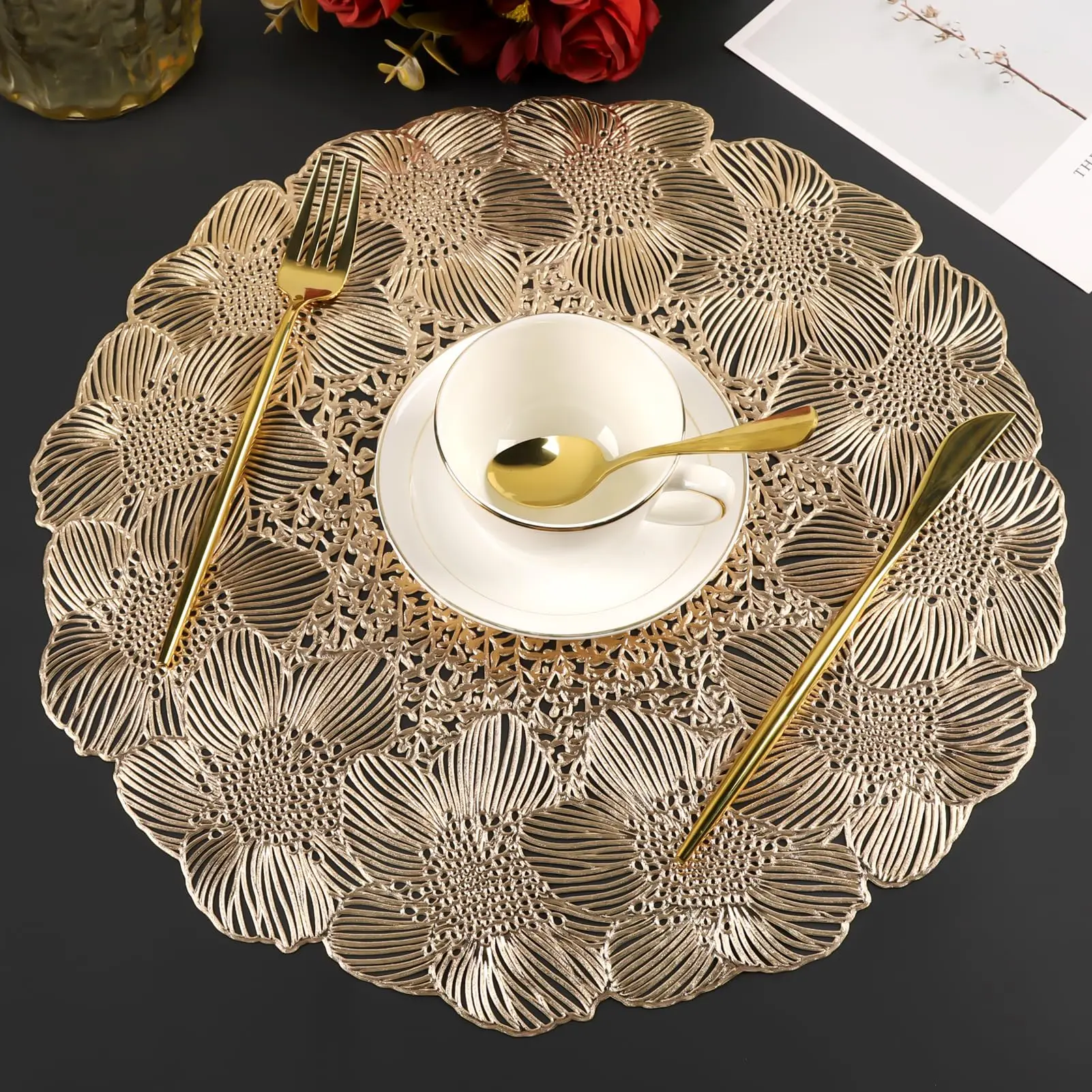 Round Placemats for Dining Table Set of 6 Pressed Vinyl Metallic Place Mats Table Mats for Wedding Anniversary Party Decoration