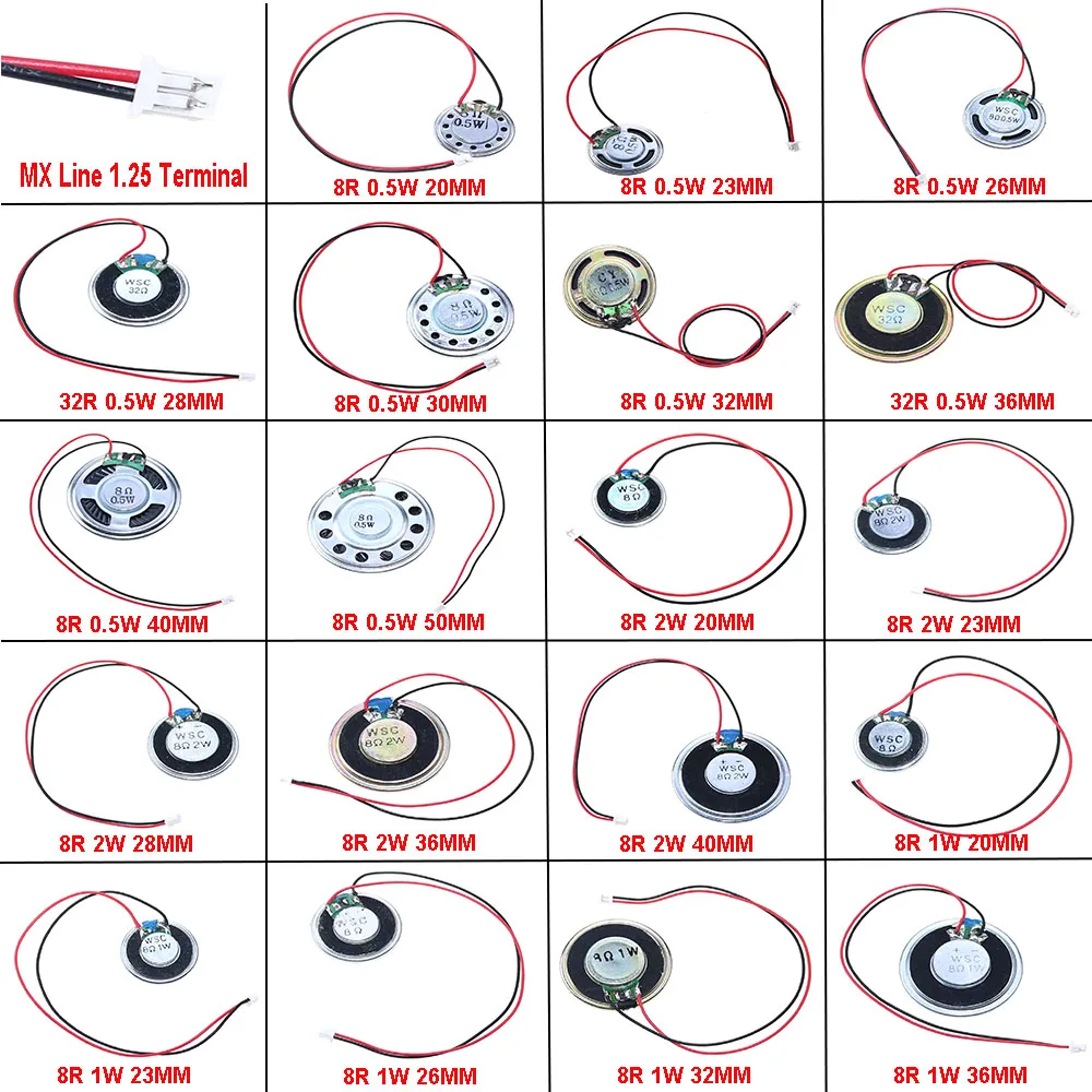 1PCS Ultra Thin Speaker 8 Ohms 2 Watts 2W 8R Diameter 20MM 23MM 28MM 36MM 40MM With MX Wire1.25 Terminal Wire Length 15cm