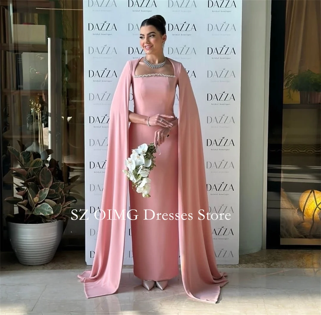 

OIMG Square Neck Pink Women Vintage Prom Dresses Full Sleeves Floor Length Crepe Satin Evening Gowns 2024 Formal Party Dress