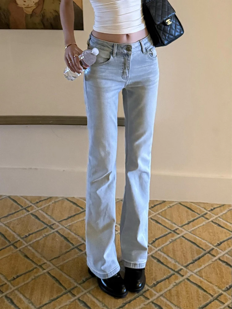 ReddaChic Women Tight Flared Jeans Simple School Work Plain Do Old Stretch High Waist Casual Pants Trousers Korean Streetwear