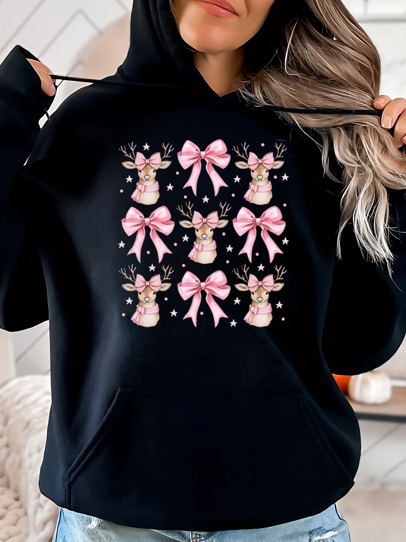 ピンク鹿の弓プリント クリスマス パーカー レディース カジュアル ホリデーウェア ブラック プラスサイズ