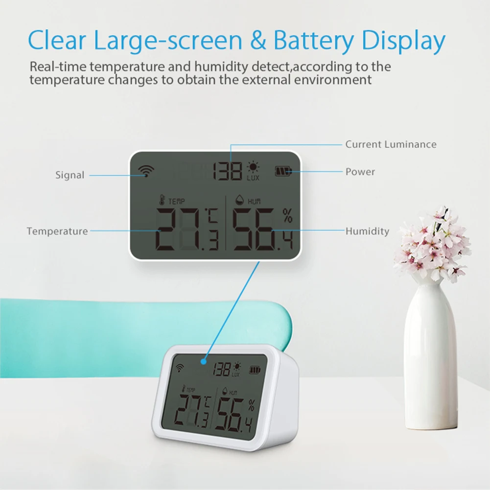 3-in-1-Monitor für Temperatur, Luftfeuchtigkeit, Beleuchtungsstärke, batteriebetriebene Fernüberwachung über App, großes LCD-Display zum Pflanzen