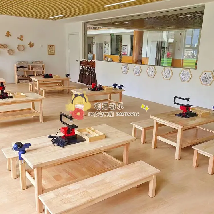 Kindergarten woodworking workshop solid wood table and chair set, primary school children's long stool worktable operation table