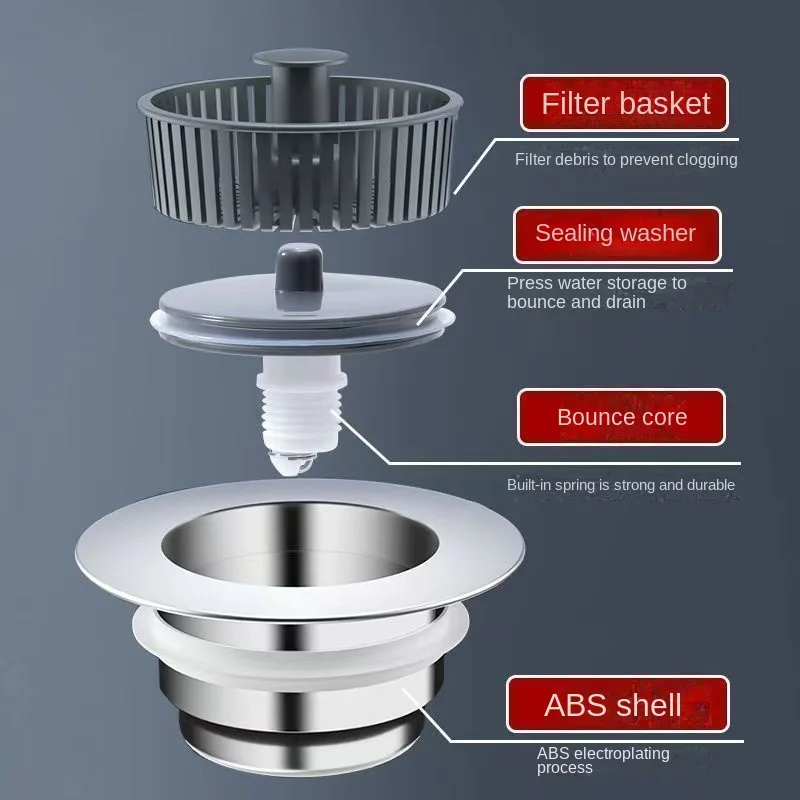 ABS material kitchen sink filter pressed bouncing core sink universal washing basin leakage plug