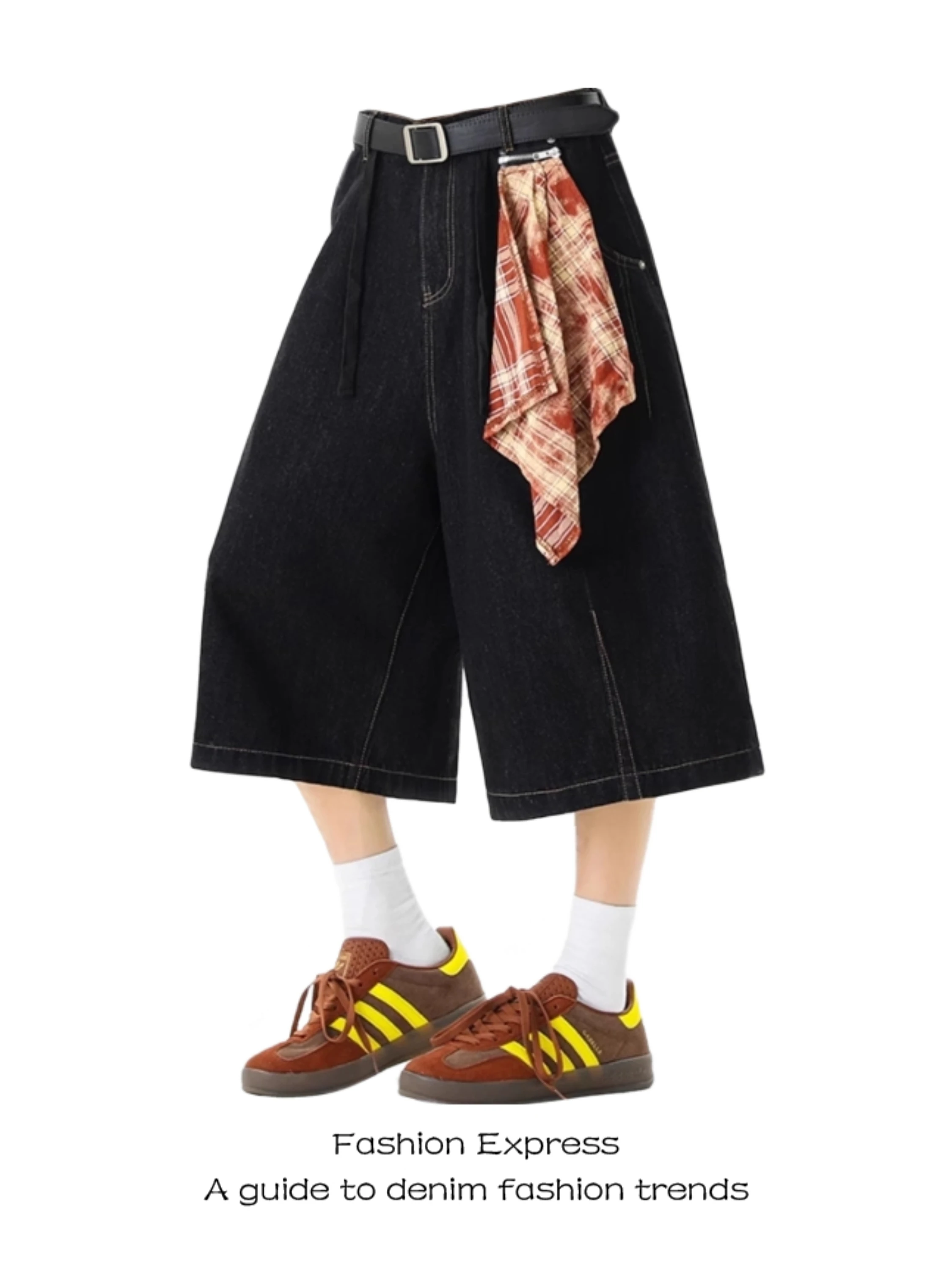 

Американские широкие брюки-палаццо для женщин, летние, новинка 2025, джинсовый цвет, дизайн с цветочным узором, со съемным платком, повседневные, высокая талия...