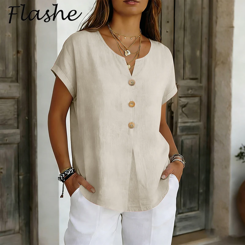 

New Women Shirts V Neck Button Short Sleeve Loose Blouse Solid Color Casual Summer Tee Shirt Daily Wear Tops Ladies Pullover