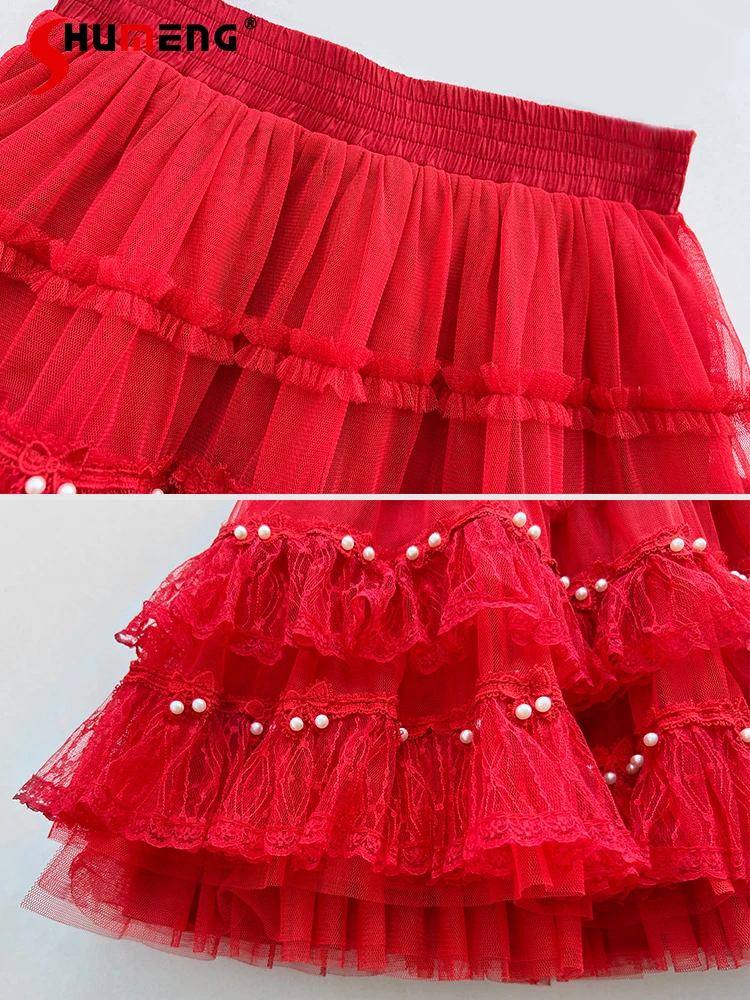 Elegant Sweet Bubble Beaded Mesh Red Cake Skirt for Women 2023 Summer New Kawaii Woman Bow Pearl Ballet Dancing Short Skirts