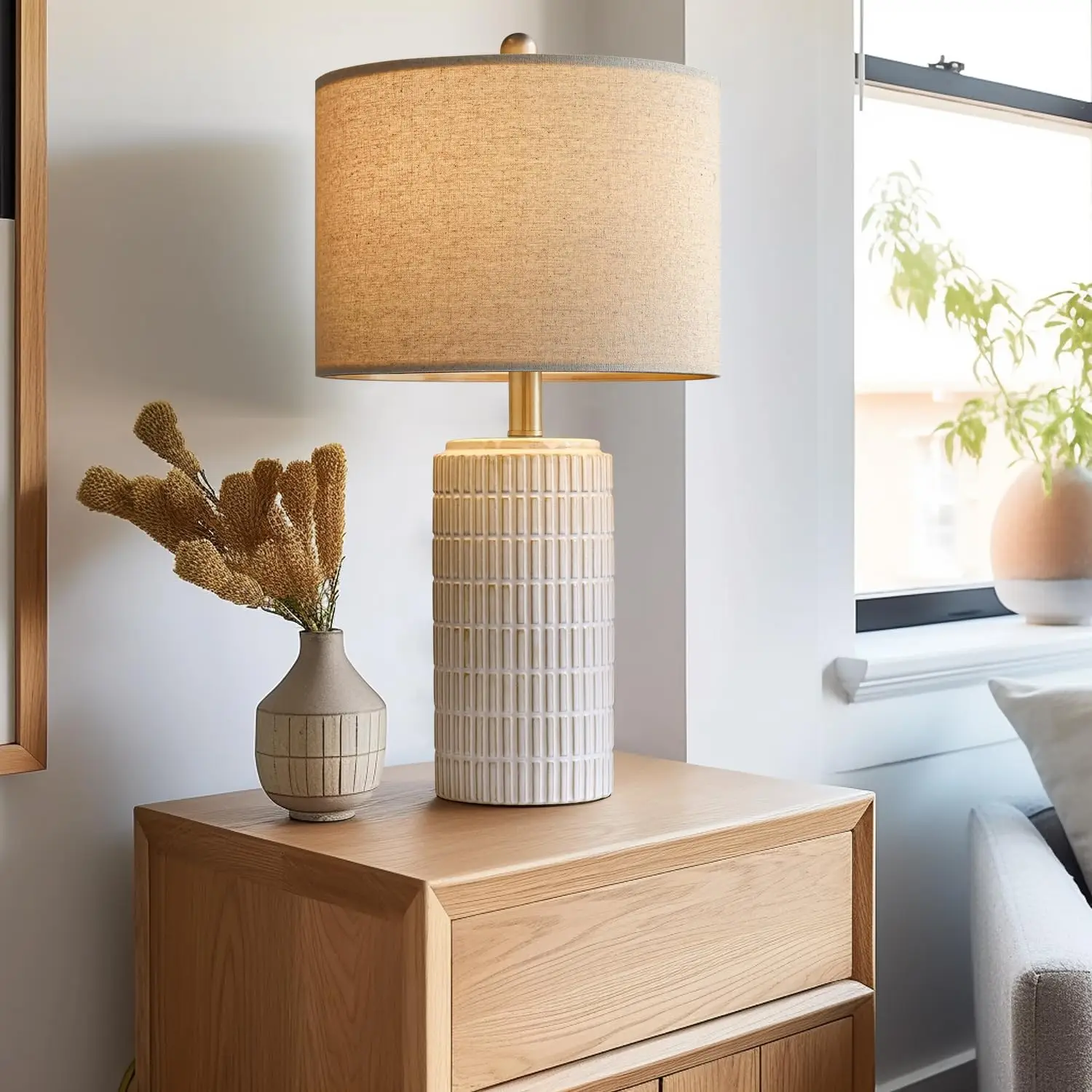 Modern Ceramic Table Lamp Set of 2 for Living Room with White Finish, Farmhouse Bedside Nightstand Decor for Bedroom view 6