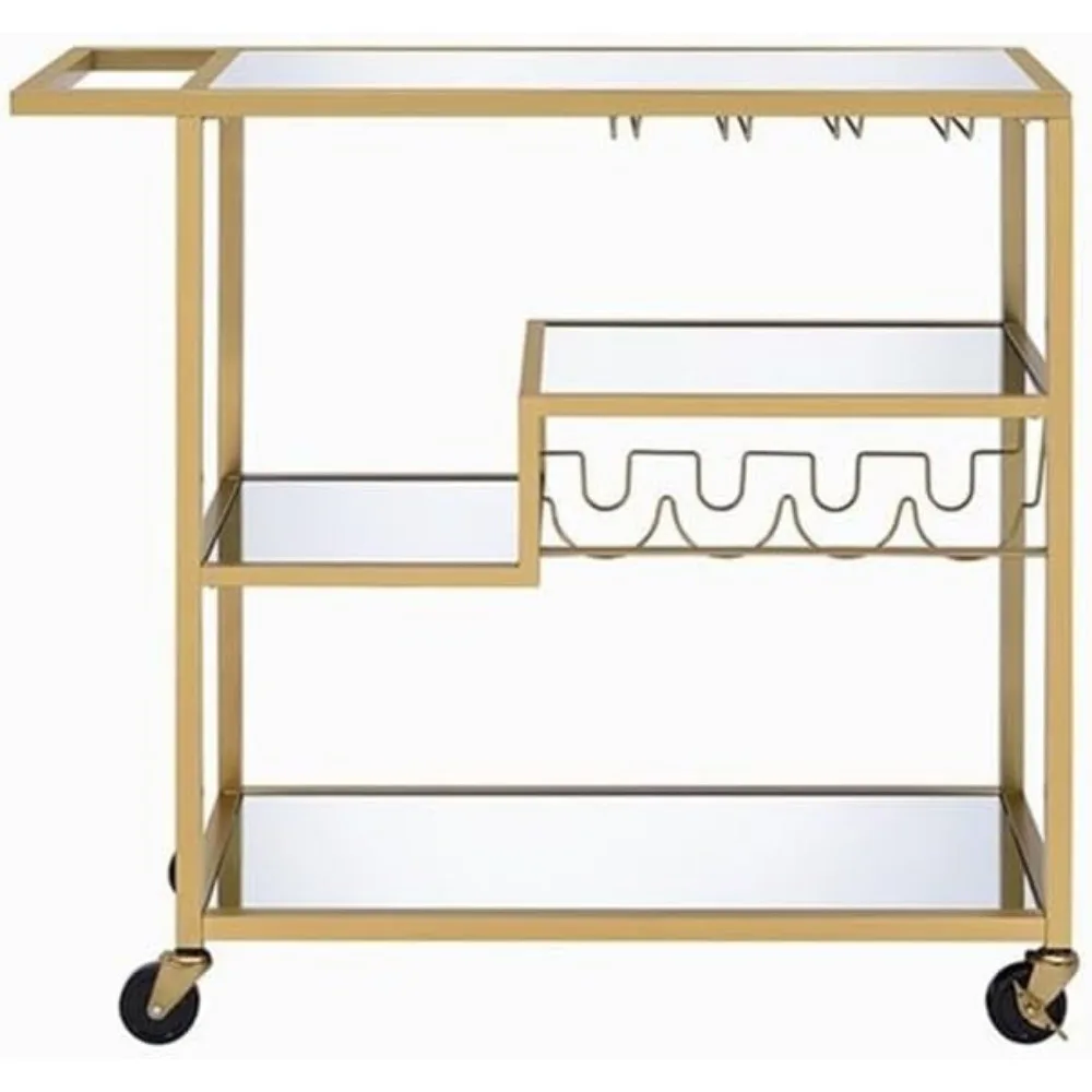 Adamsen Rectangular Glass Top Serving Cart with 3 Tiers in Gold