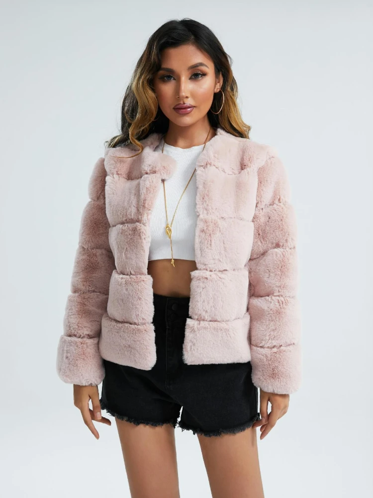 Veste en fausse fourrure à col rond pour femme, couleur unie, décontractée, blanche, moelleuse, Slim, chaude et épaisse, manteau de luxe en peluche de vison, élégant, hiver