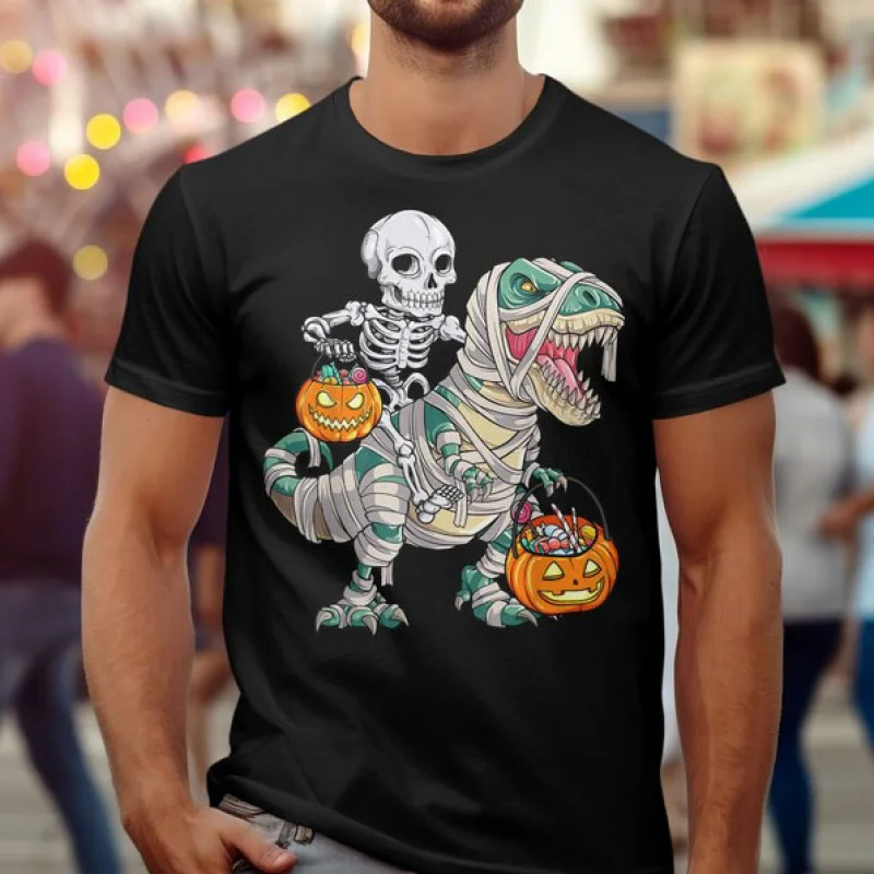 

Skeleton Riding Mummy Dinosaur T rex Halloween tops Funny Pumpkin Gift T-Shirt for men 100% cotton printed large size colthes