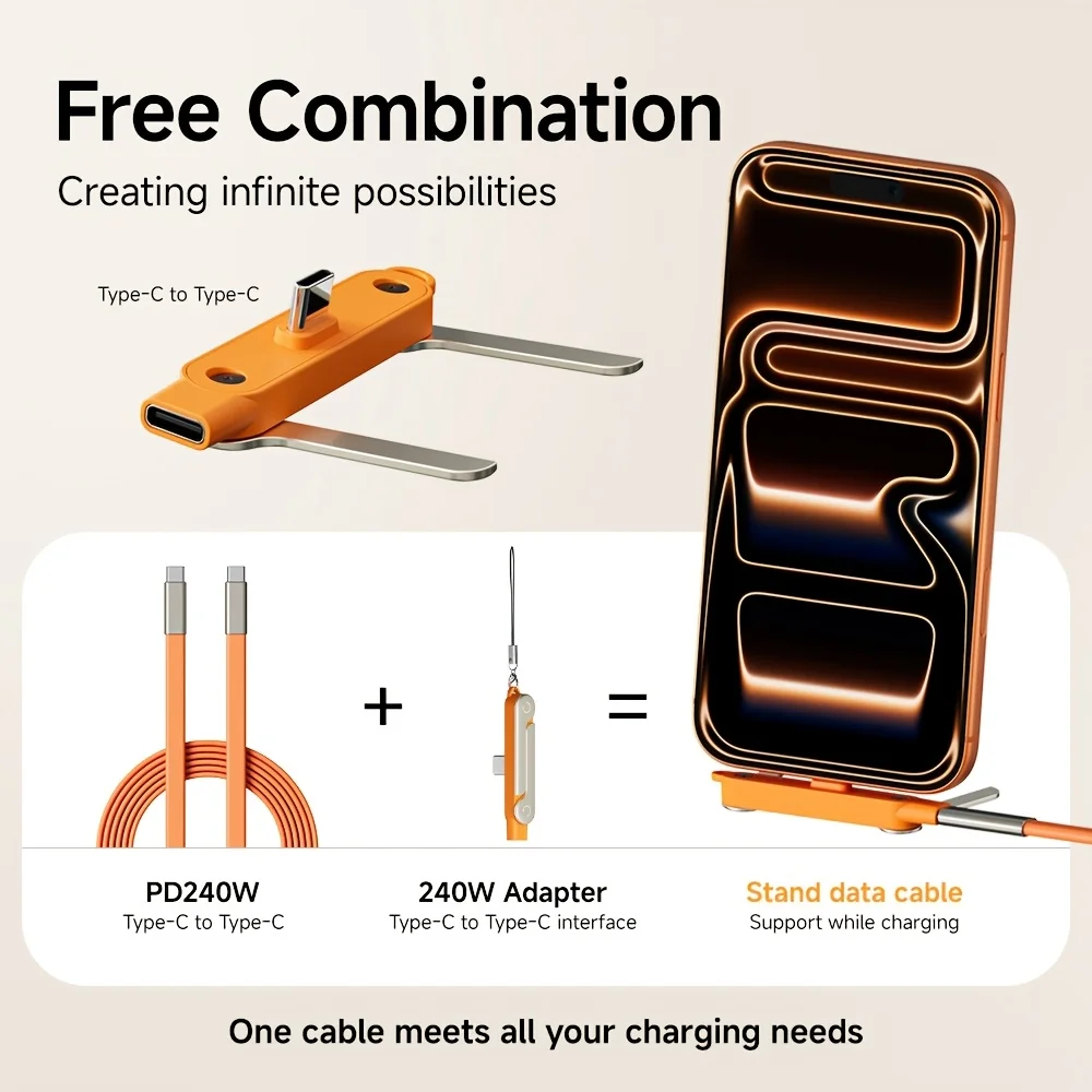 240W 2-in-1 Black/Orange Fast Charging Foldable Bracket Data Cable Type-C to Type-C Data Wire with Phone Tablet Stand
