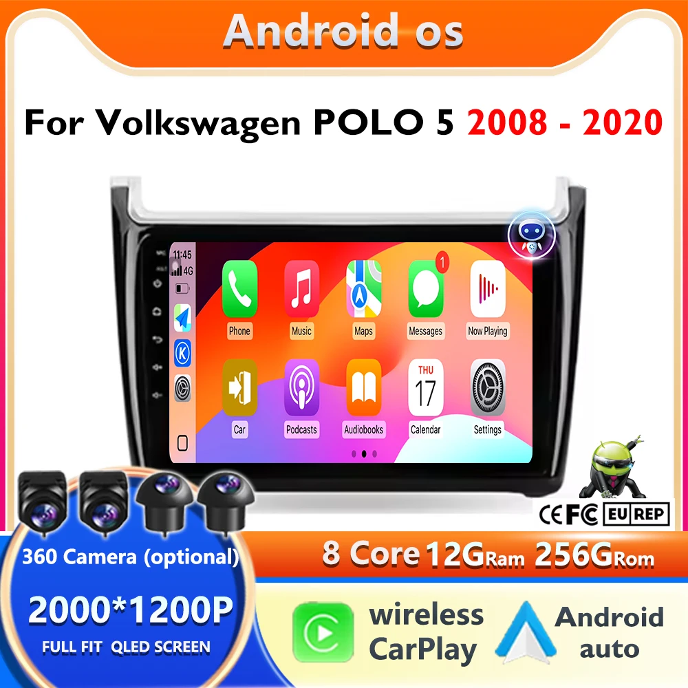 Car Radio Android 16 For Volkswagen VW Polo 5 Sedan 2008 - 2020 Multimedia Player Carplay Stereo GPS DVD Head Unit 4G Wifi QLED