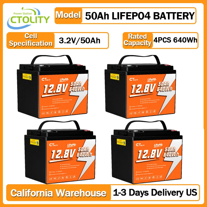 

Аккумулятор LiFePO4 CTOLITY 12В 50Ач, 4 шт., 640 Вт·ч, с BMS, для солнечных энергосистем и генераторов, 4000+ циклов, класс А, CT050