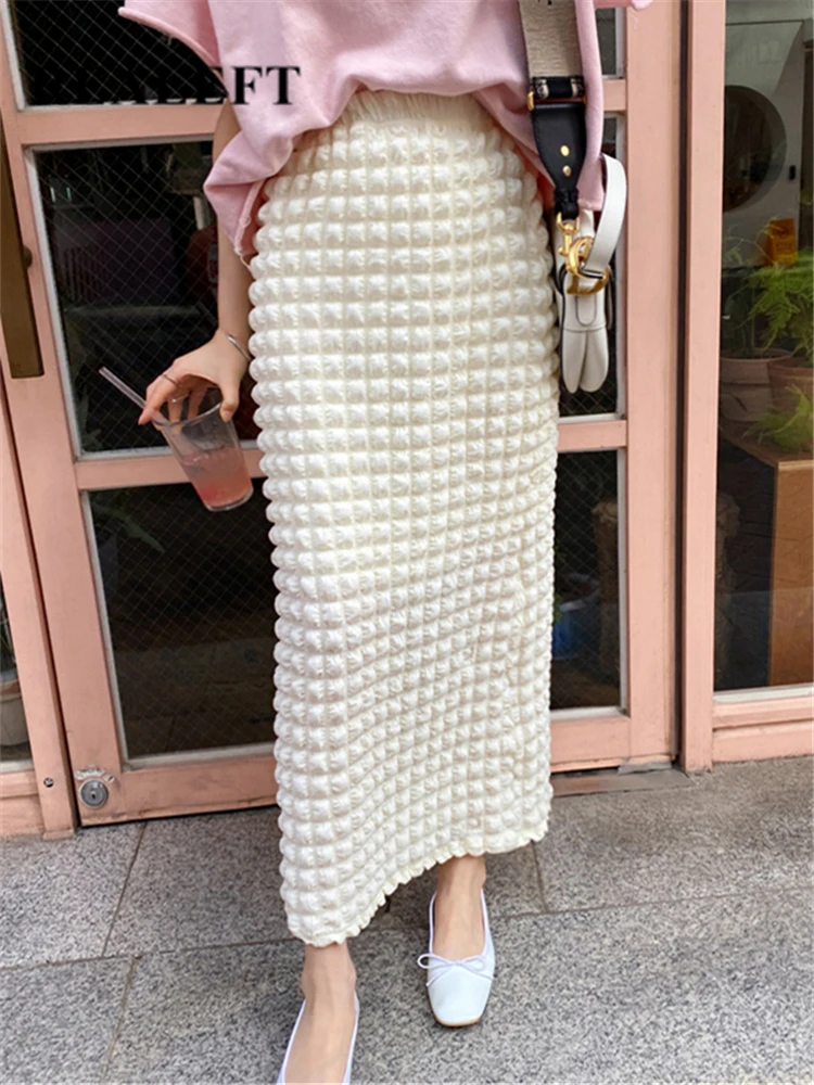 

REALEFT Elegant Korean Bubble Women's Wrap Long Skirts 2023 New Spring Summer High Waist Ladies Straight A-Line Skirt Female