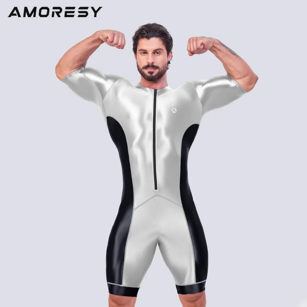 AMORESY Body da uomo in raso lucido, tuta da surf liscia in seta, abbigliamento sportivo da yoga, tuta corta con blocchi di colore