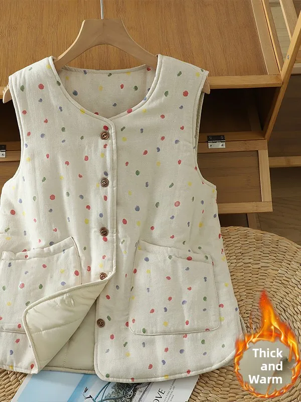 

Women's Cotton Linen Polka Dot Warmth-Kee Vest 2025 New Winter Faionable Retro Cotton Jaet Vest