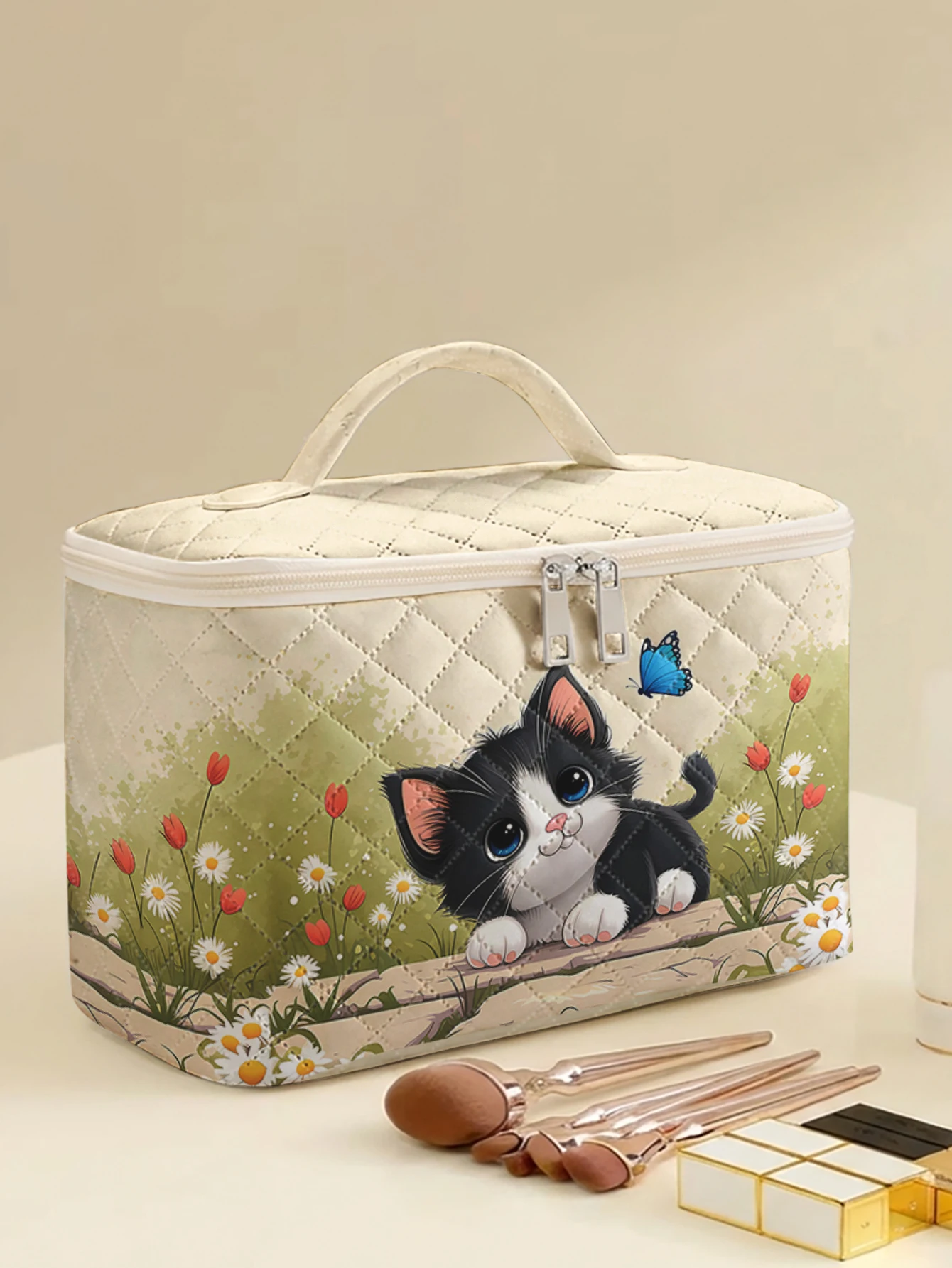 1pc, Portable travel cosmetics with cat floral patterns, large capacity travel storage bag, cute and stylish makeup bag