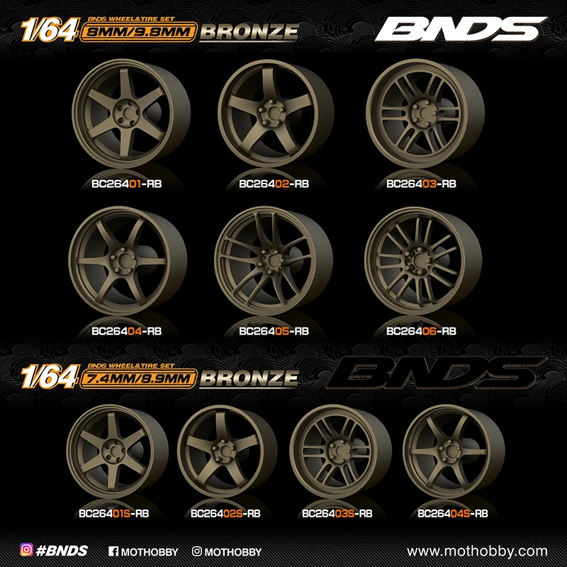 BNDS 1/64 ABS Wheels Bronze with Rubber Tires Assembly Rims Modified Parts for Model Cars Refitted Hotwheels Tomica MiniGT