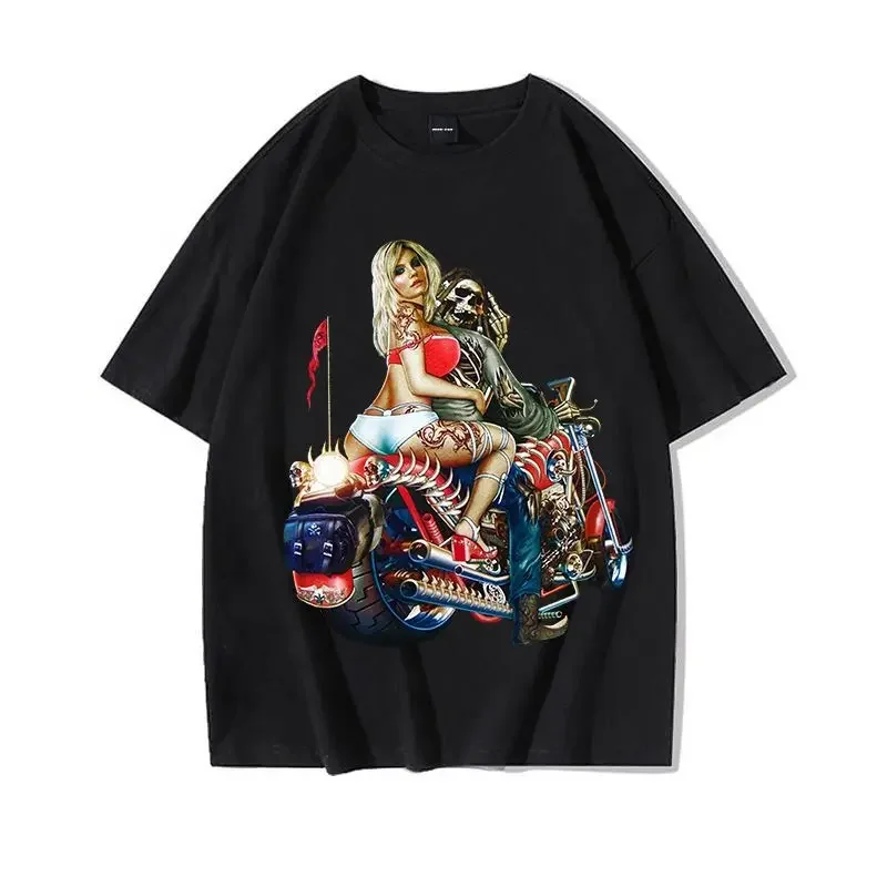 

Summer New Fashion Biker Top Skull Street Trend Graphic Print High Quality Men's Short Sleeve Loose Breathable T-Shirt