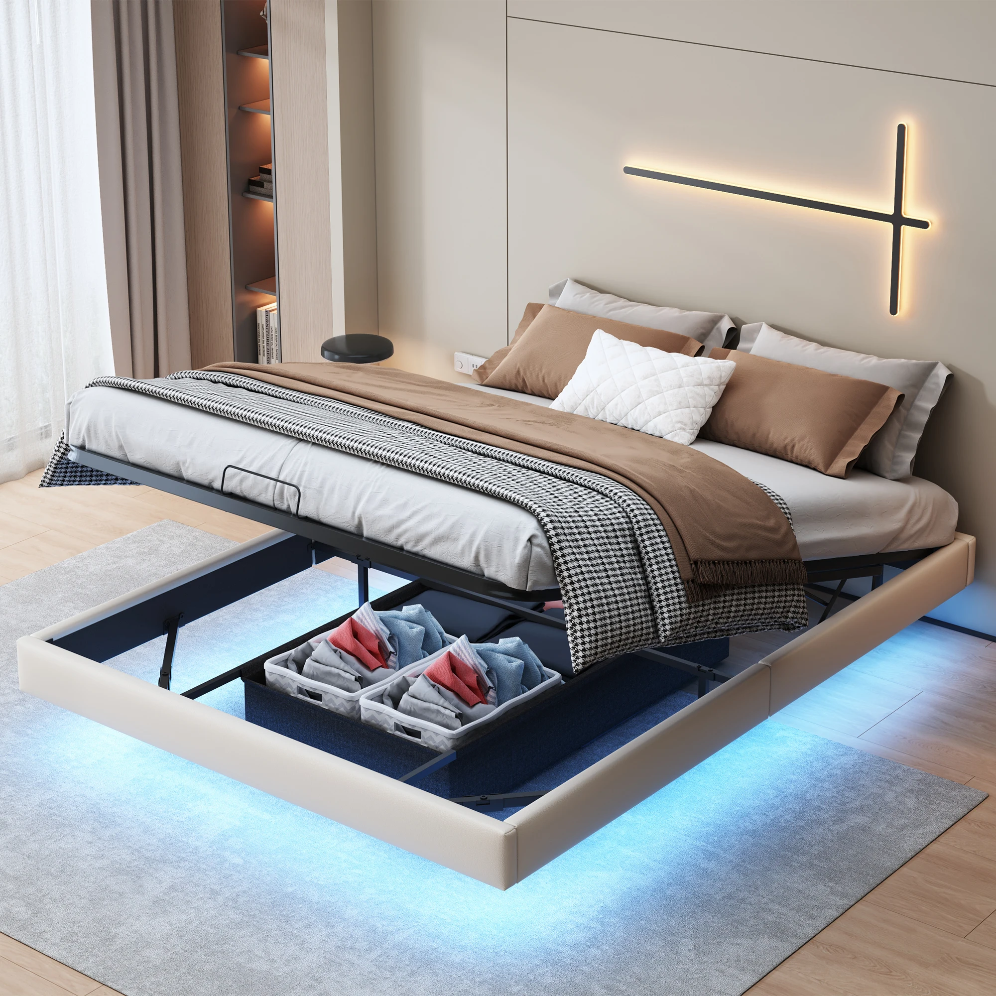 Bed Frame 160 x 200 cm with LED Lighting,Double Bed with Metal Slatted Frame,Bed For Adult,Children,Youth,without Mattress