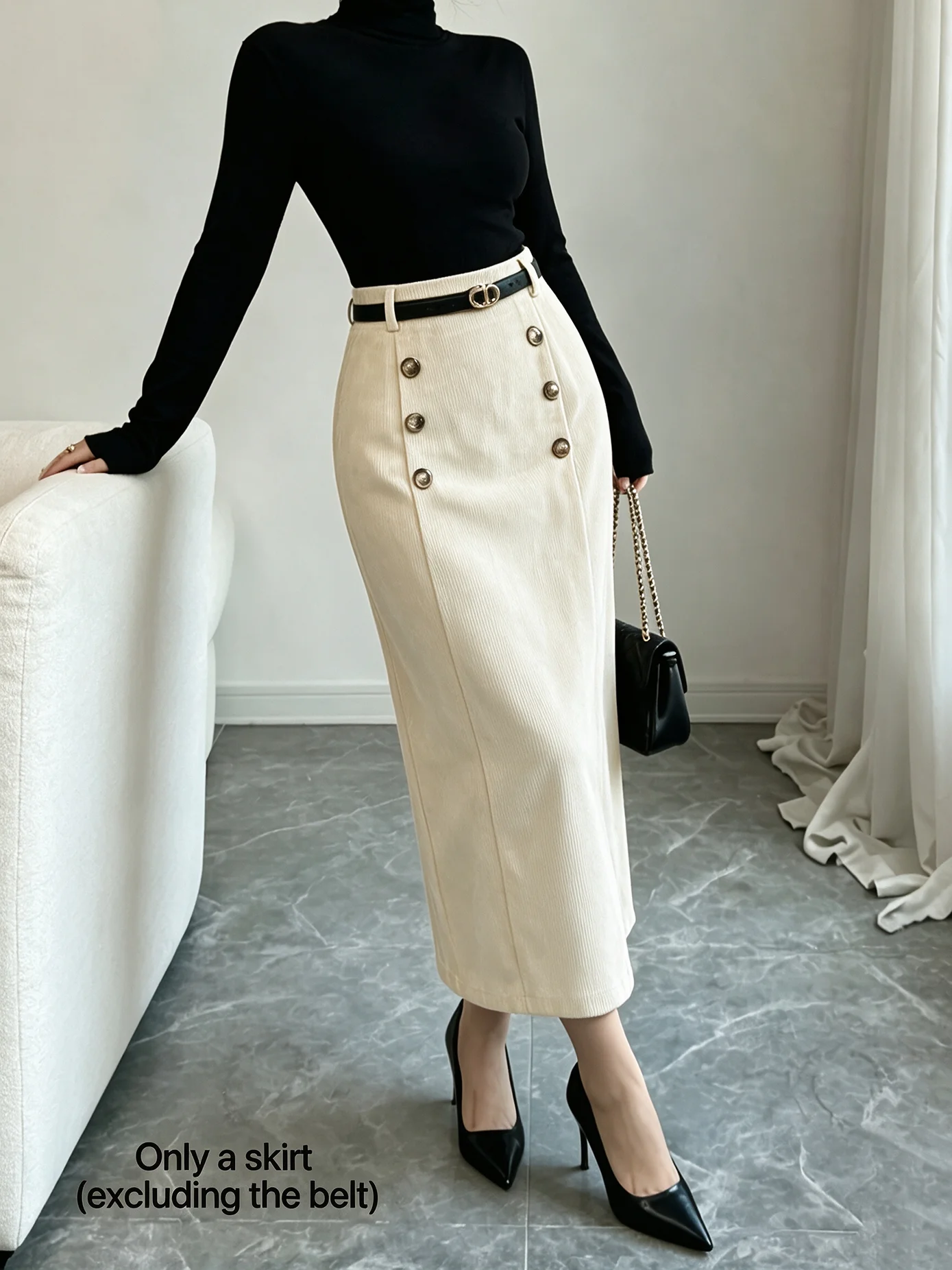 Women`s Dress No Belt Office Elegant High Waist Corduroy Midi Skirt Autumn Vintage Double Breasted Midi Skirt Retro Casual Daily