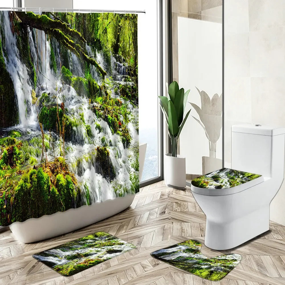 Natural Scenery Shower Curtain Waterfall Forest Autumn Bathroom Set Trees Plants Rocky Landscape Carpet Toilet Cover Floor Mat