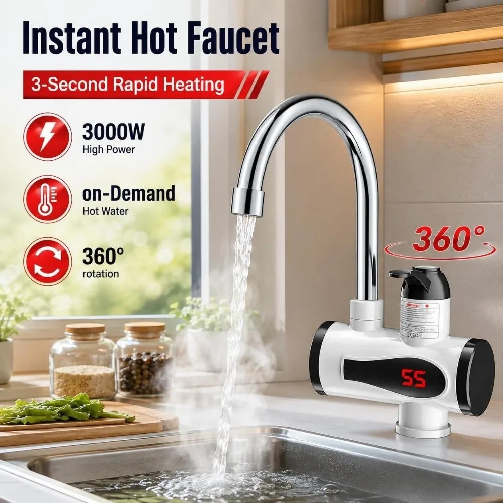 3-Second Rapid Heating Instant Hot Faucet 3000W on-Demand Hot Water Electric Water Heater Tap 360°rotation Heating