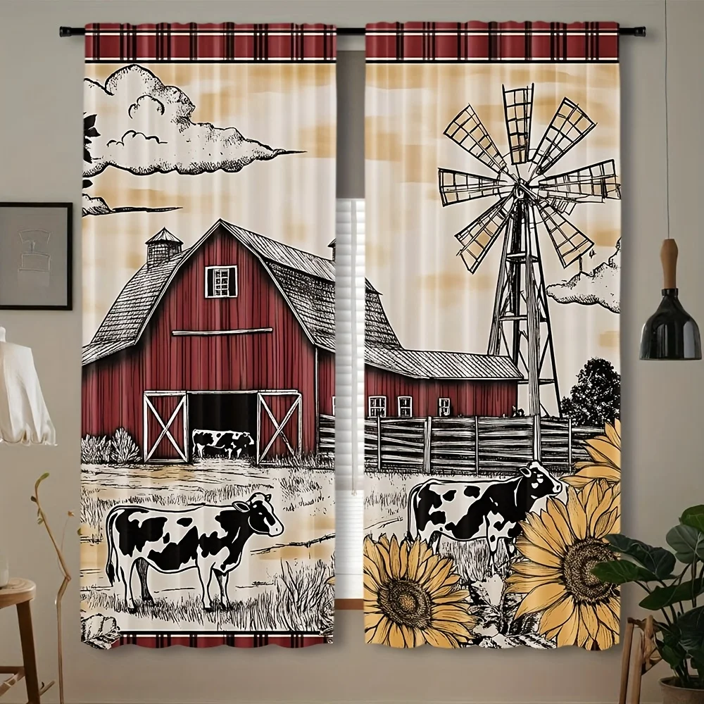 Farmhouse Curtain, Red Barn Windmill Window Drape, Vintage Cow Sunflower Blackout Panel, Rustic Kitchen Bedroom Decor