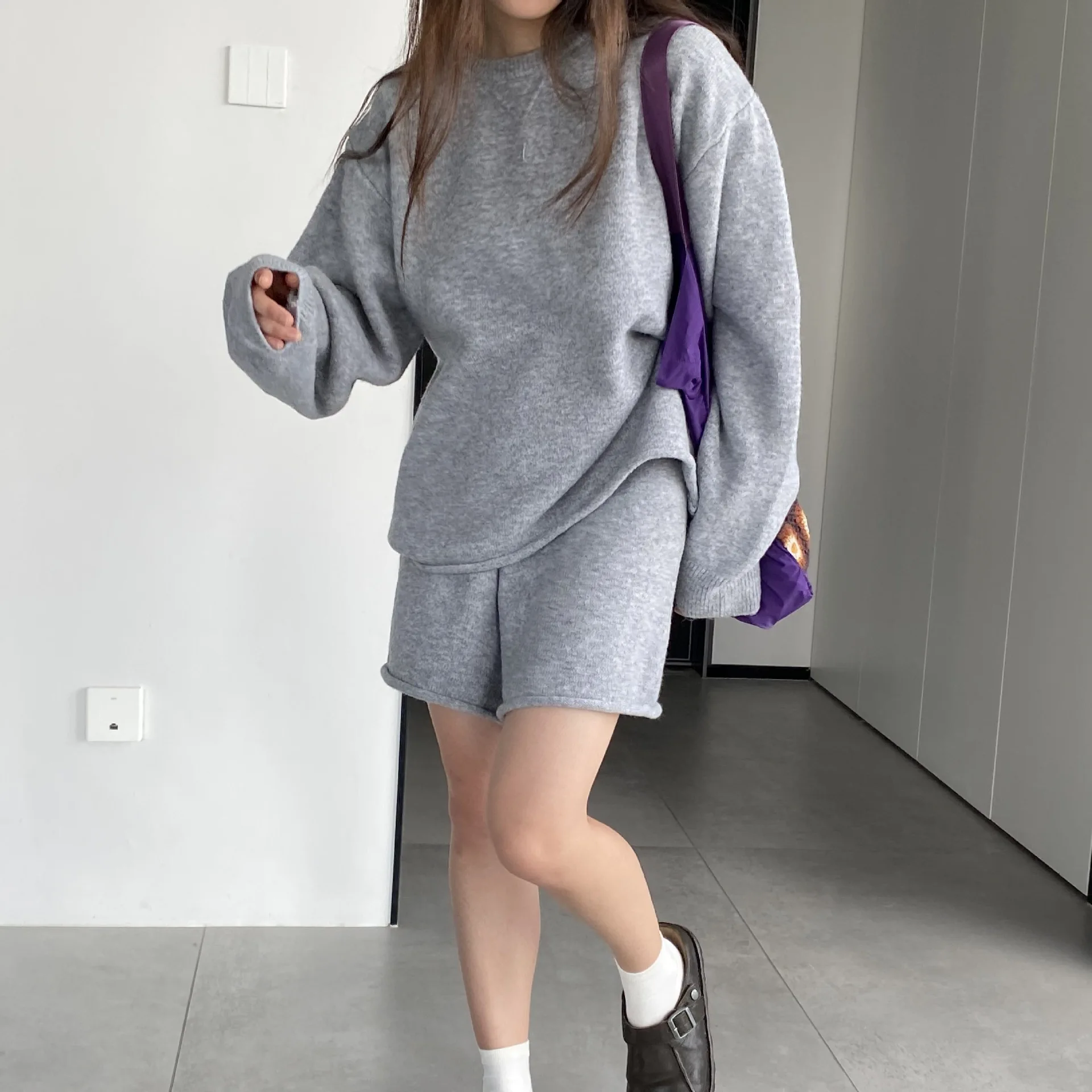 Solid Color Simple Shorts + Pullover Sweater Women Suit Loose Knitting Top And Drawstring Shorts Set Fall Winter Female Outfits