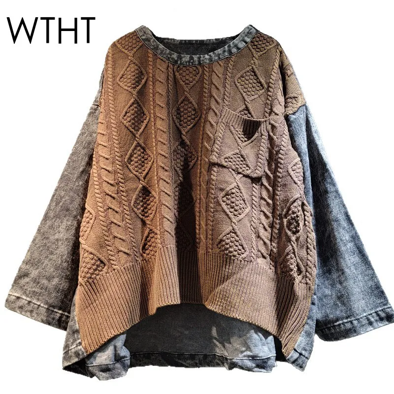 

WTHT Vintage 2025 Summer Women's Pocket Texture Spliced Denim Sweater Fashion Long Sleeves Round Neck Pullovers Female 1LS2129