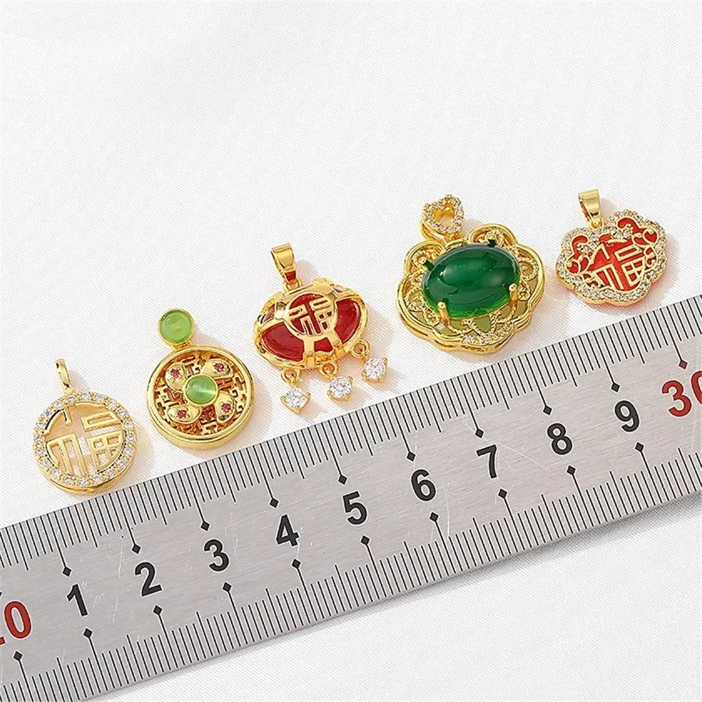 14K Gold-Color Inlaid Zircon Fuzi Lock Fu Brand Pendant Handmade DIY Bracelet Necklace Jewelry Material Accessories L368