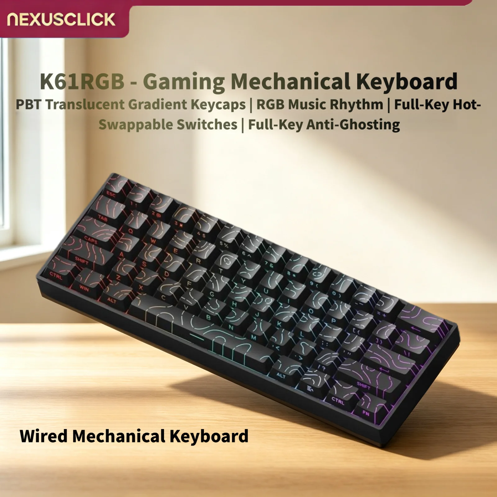 NexusClick 61 Keys Magnetic Switch Gaming Keyboard,Hot Swappable Wired Mechanical Keyboard,RGB Backlit PBT Keycaps for PC Esport