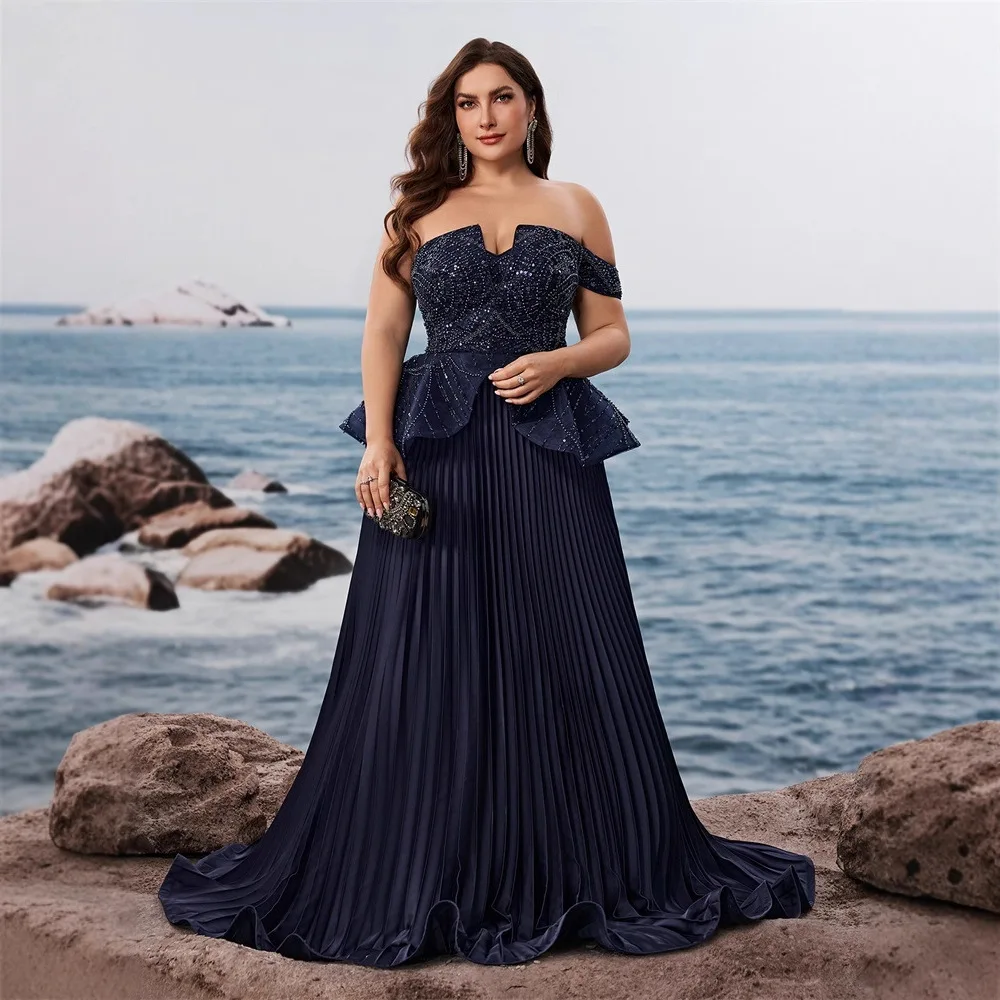 Middle East European and American plus Size Elegant Sequin Stitching Fit Bandeau One-Shoulder Cocktail Party Dinner Dress