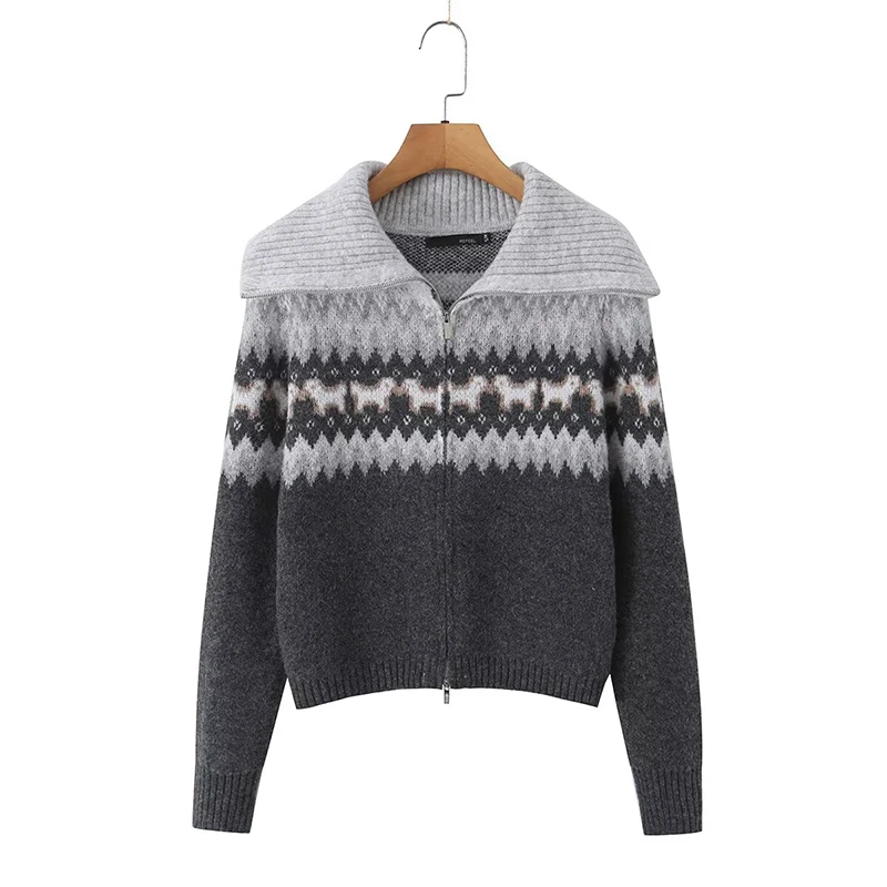 New V-neck cropped knit sweater Autumn Women's Gradient Knit Cardigan Big Lapel Long Sleeve Cropped Sweater Outerwear