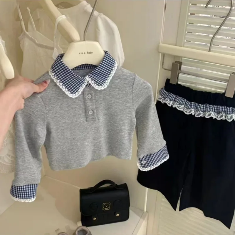 Girl's suit Korean sweet style girl's plaid lace collar knitted top wide-legged suit fashionable and comfortable 80-150cm