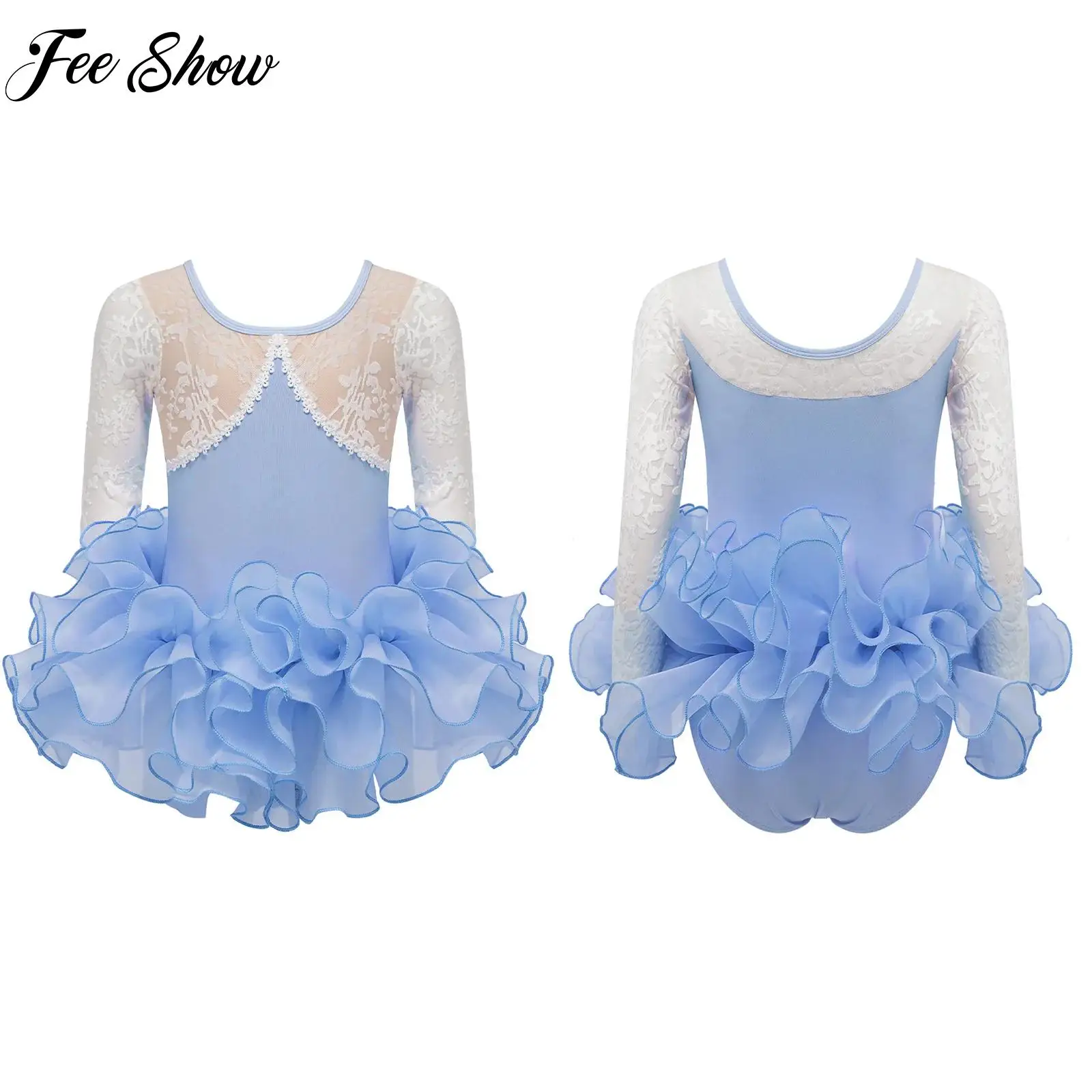 

Girl Professional Ballet Tutu Mini Dress Kids White Swan Ballet Dress Long Sleeve Leotard with Layered Skirt Set for Performance