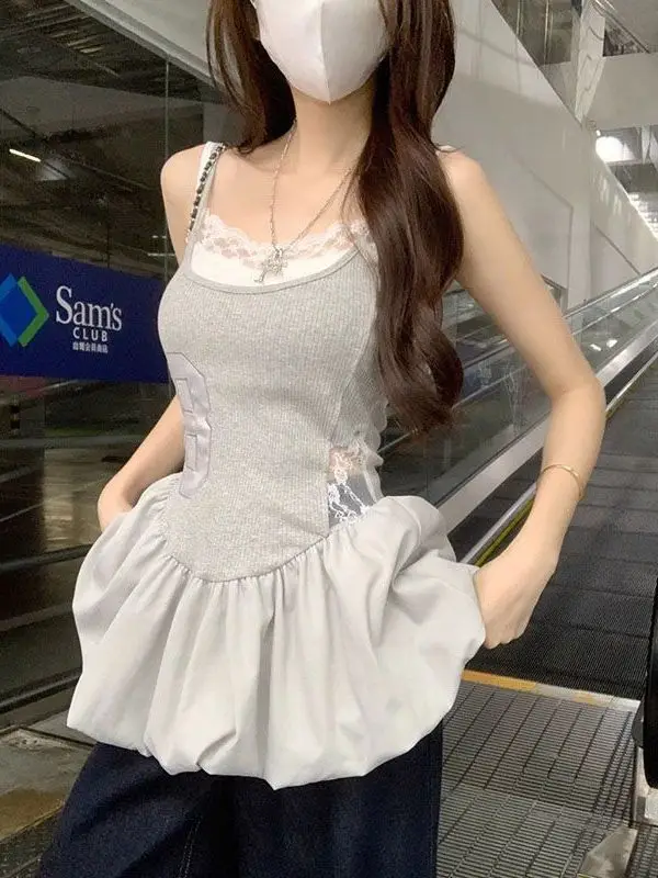 

Ele Lace Splice Slimming Women's Tank Top Bot Set Summer New Sle Faionable Two-Piece Ensemble Base Layer Clothing