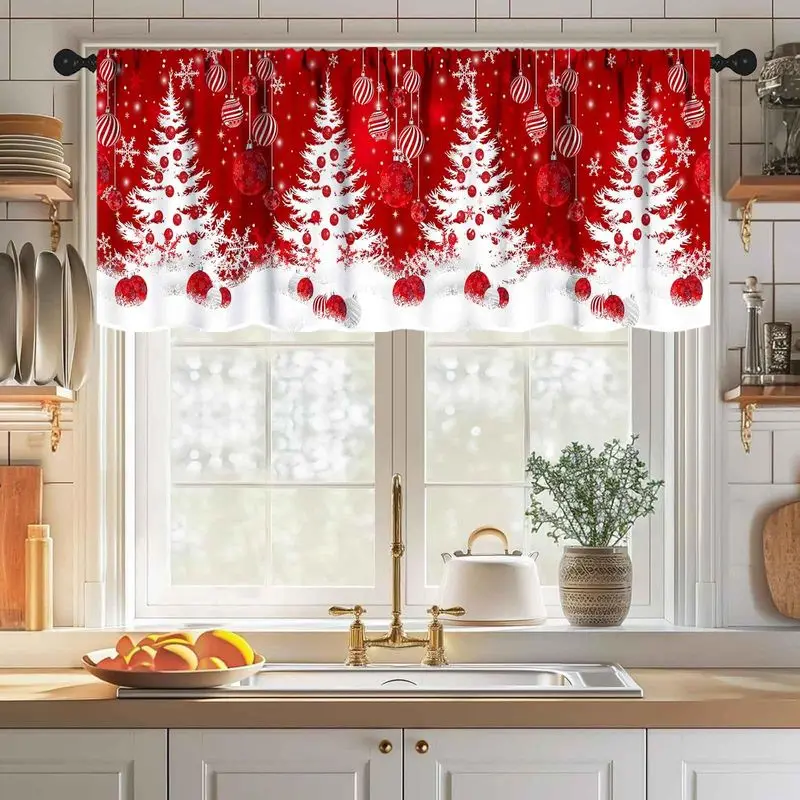 VIKAMA Christmas Window Valance Red Background White Snowflake Star Xmas Balls Kitchen Holiday Window Curtain Decor