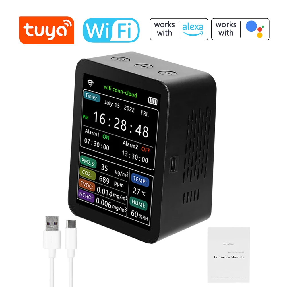 Tuya Air Quality Monitor Detector WiFi Smart PM2.5 CO2 TVOC HCHO Temperature Humidity Detector Home Desktop Alarm Clock